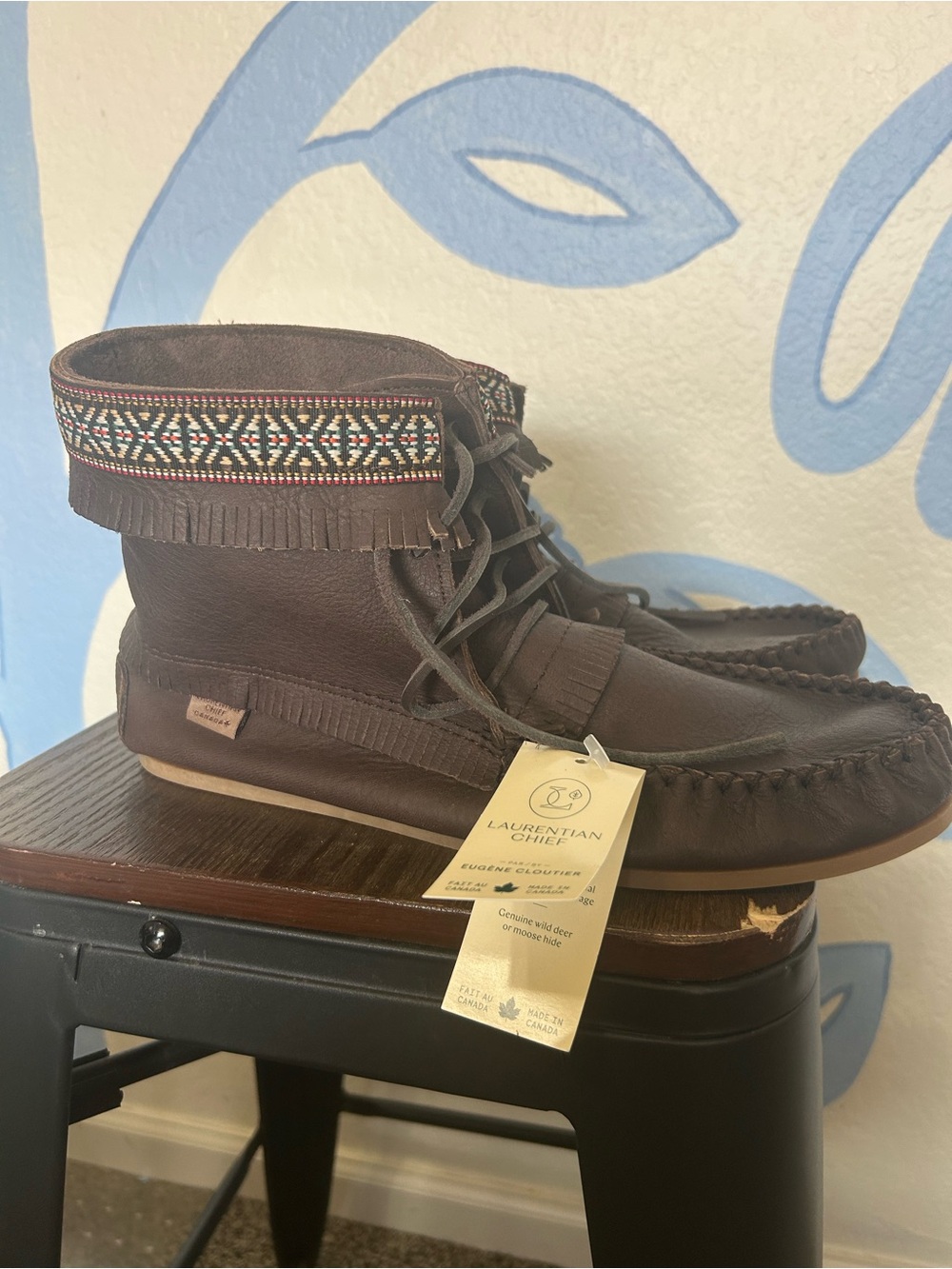 NWT Laurentian Chief Genuine Moosehide Fringe Moccasin Boots - Made in Canada